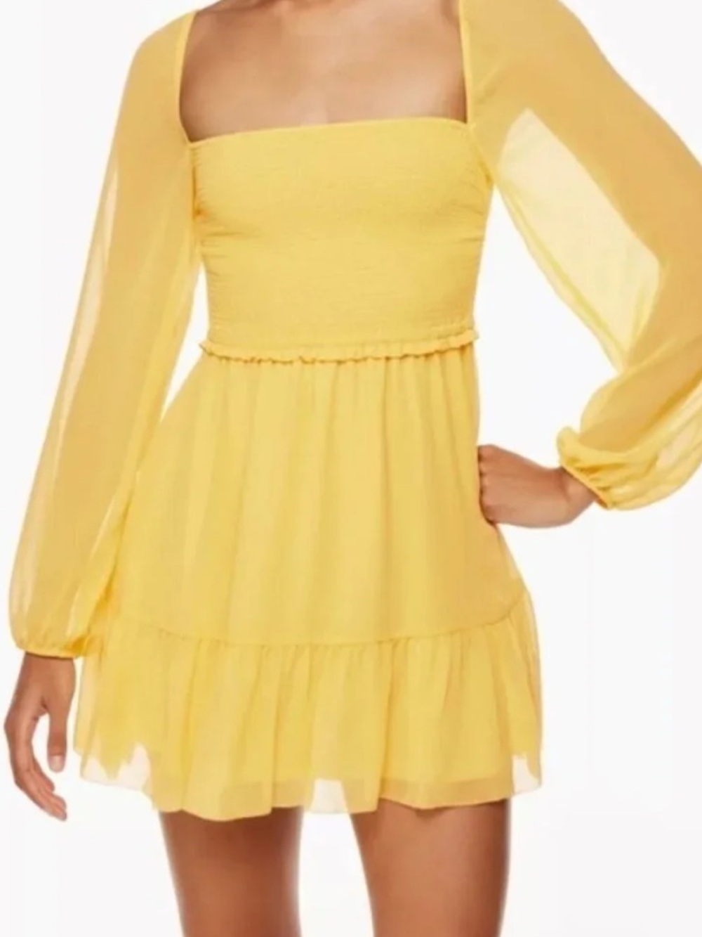 Aritiza Wilfred Tempest Mini Dress Smocked Chiffon in Sunflower Yellow